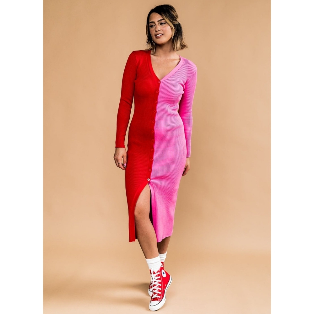 NWT Dressed in LALA Moonkissed Half/Half Midi Dress in Pink/Red